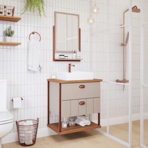 KIT ARMARIO | UNI | 60cm | C/ESPELHEIRA E CUBA | CAPPUCCINO/FREIJO | MGM