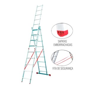 ESCADA ALUMINIO | TRIPLA 3x9 DEGRAUS | F2.73m/E6.13m/PE3.66 | BOTAFOGO